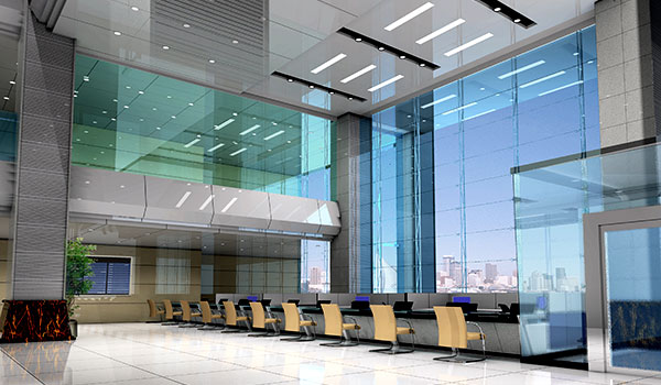 Interior of bank office lighting sustainability.