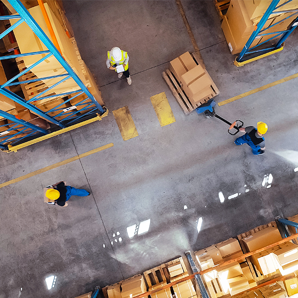 Warehouse workers aerial view