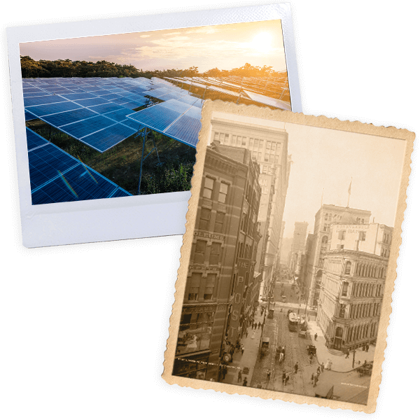 Old and new photographs of solar panels and downtown Pittsburgh