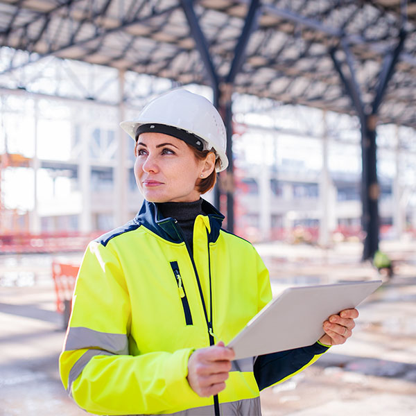 Woman managing construction site averted gaze